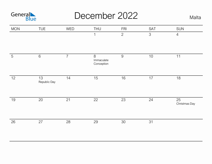 Printable December 2022 Calendar for Malta