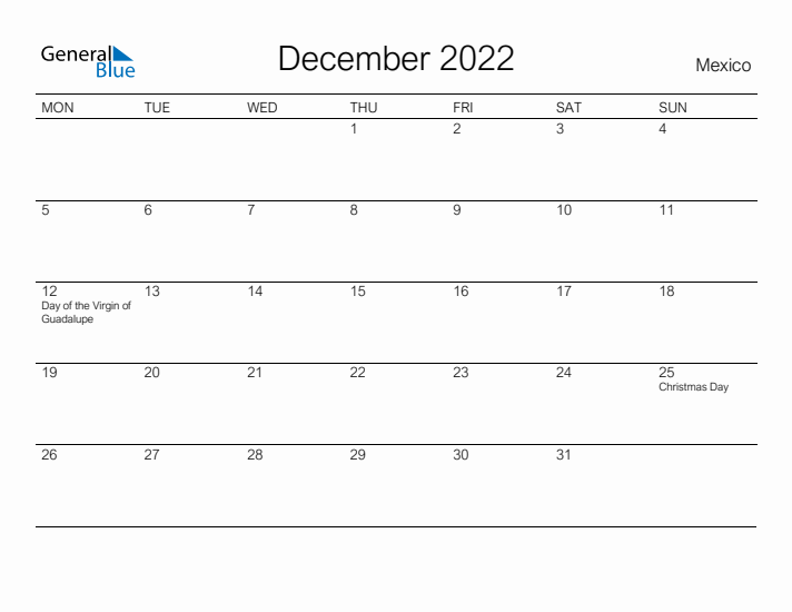 Printable December 2022 Calendar for Mexico