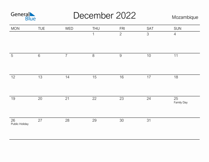 Printable December 2022 Calendar for Mozambique