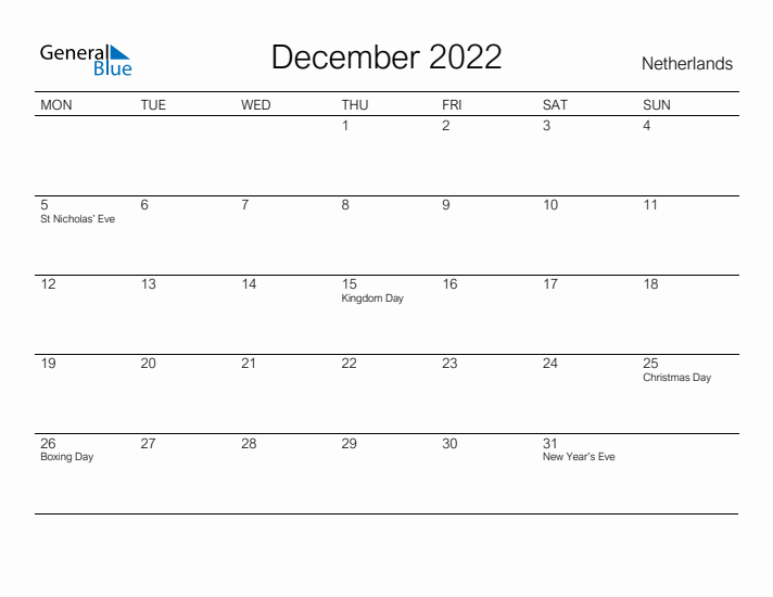 Printable December 2022 Calendar for The Netherlands