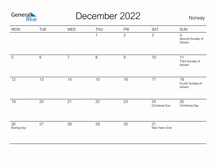 Printable December 2022 Calendar for Norway