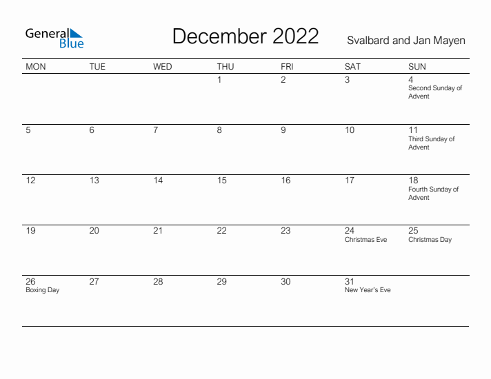 Printable December 2022 Calendar for Svalbard and Jan Mayen