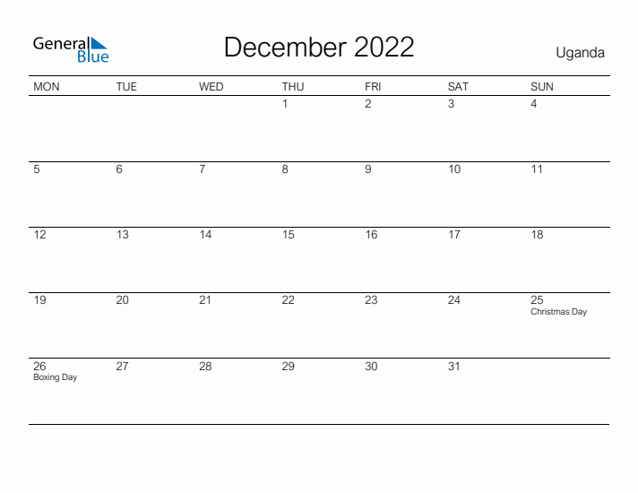 Printable December 2022 Calendar for Uganda