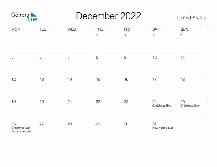 Printable December 2022 Calendar for United States