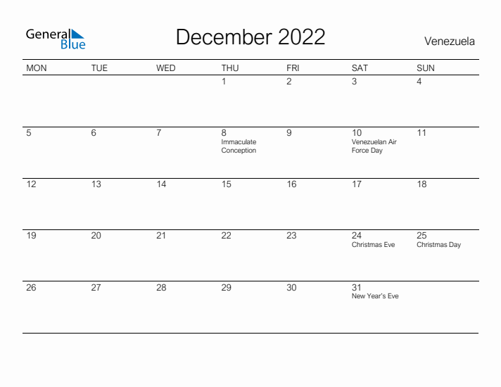 Printable December 2022 Calendar for Venezuela