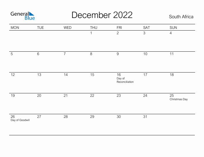 Printable December 2022 Calendar for South Africa