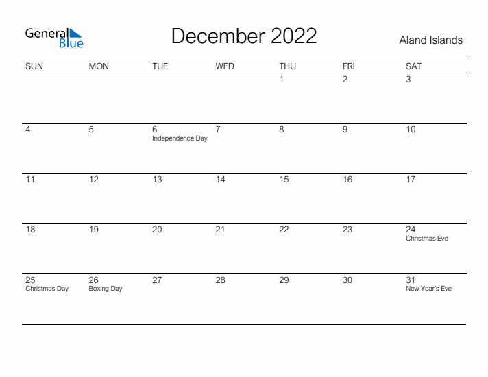 Printable December 2022 Calendar for Aland Islands