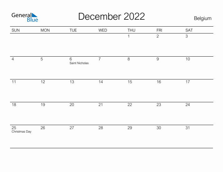 Printable December 2022 Calendar for Belgium