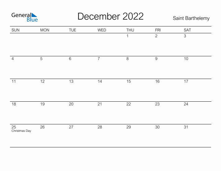 Printable December 2022 Calendar for Saint Barthelemy