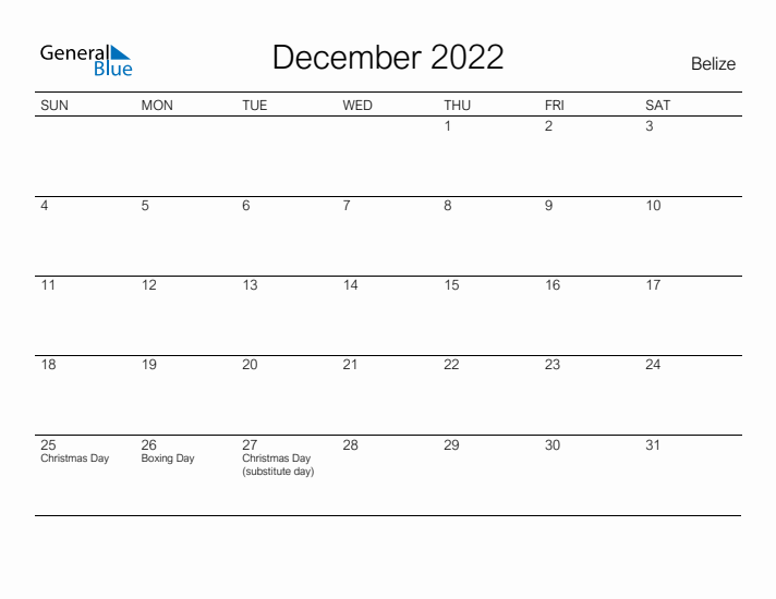 Printable December 2022 Calendar for Belize