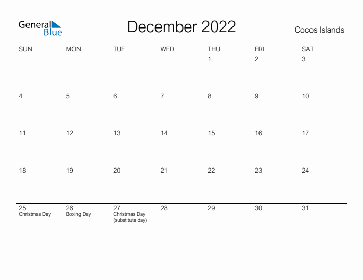 Printable December 2022 Calendar for Cocos Islands