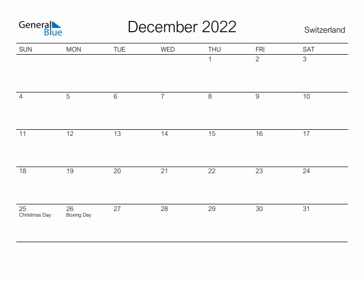 Printable December 2022 Calendar for Switzerland