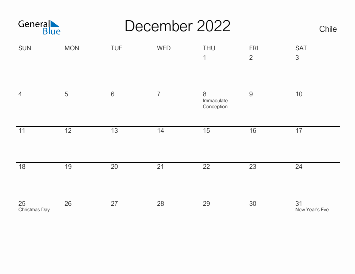 Printable December 2022 Calendar for Chile