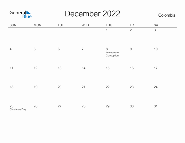 Printable December 2022 Calendar for Colombia