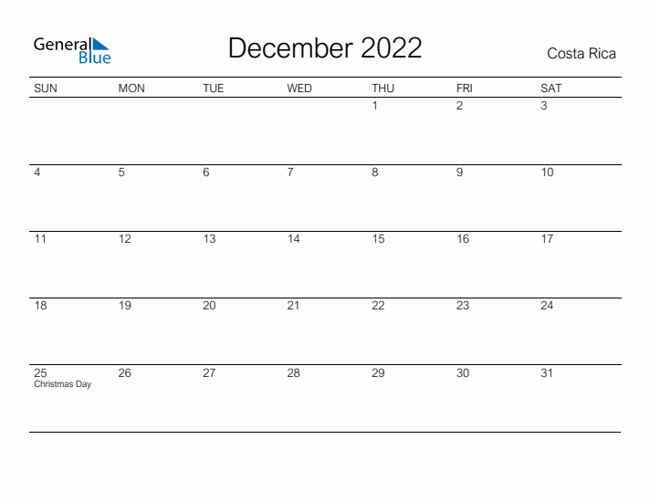 Printable December 2022 Calendar for Costa Rica