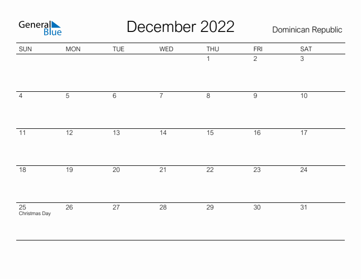 Printable December 2022 Calendar for Dominican Republic