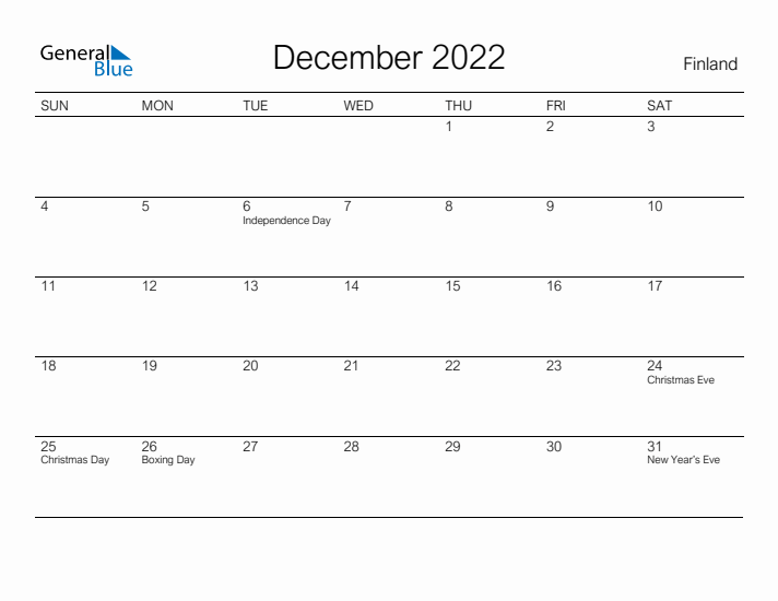 Printable December 2022 Calendar for Finland