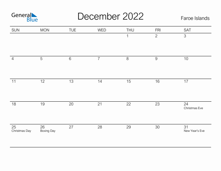 Printable December 2022 Calendar for Faroe Islands