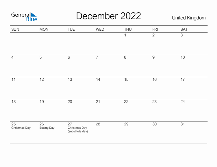 Printable December 2022 Calendar for United Kingdom