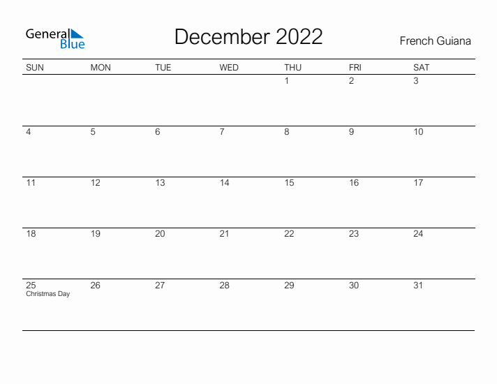 Printable December 2022 Calendar for French Guiana