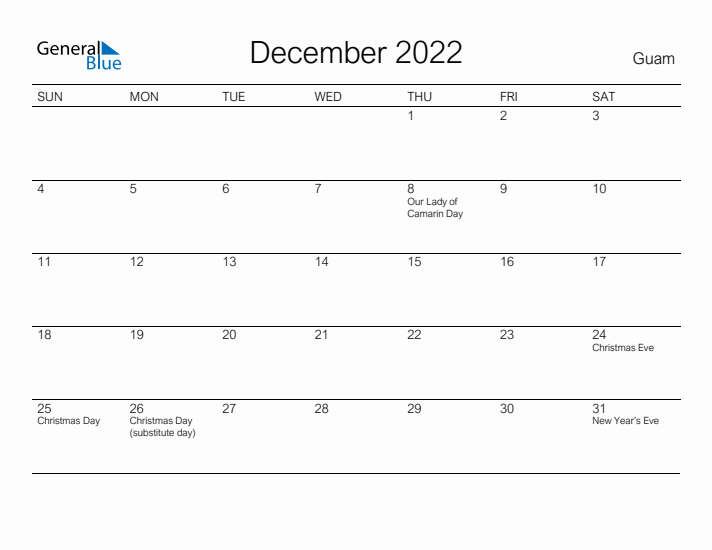 Printable December 2022 Calendar for Guam