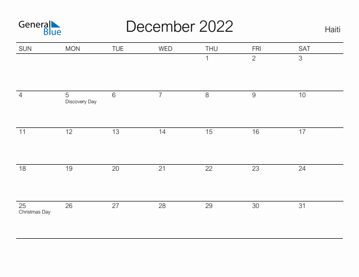 Printable December 2022 Calendar for Haiti