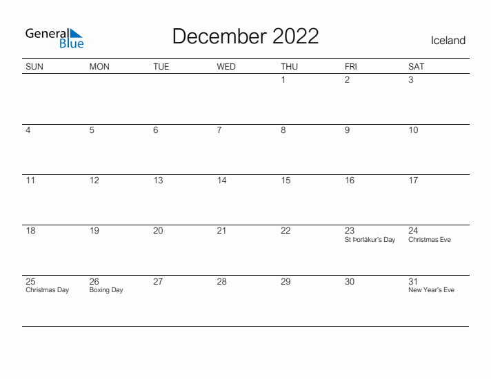 Printable December 2022 Calendar for Iceland