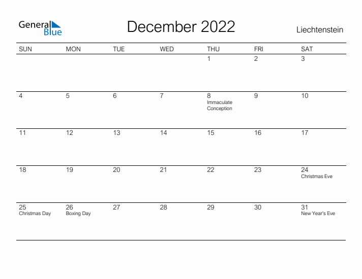 Printable December 2022 Calendar for Liechtenstein