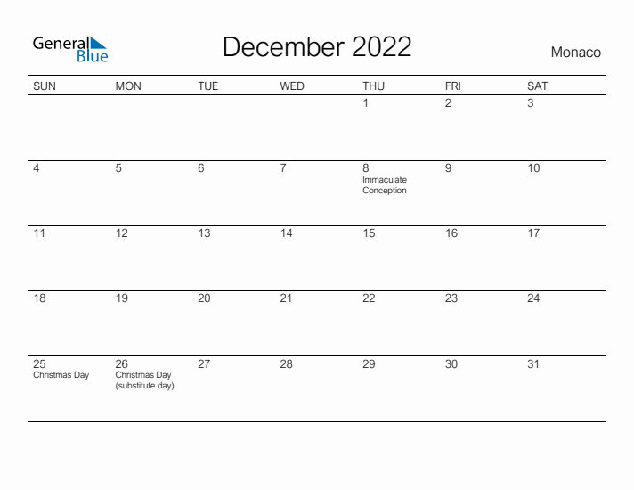 Printable December 2022 Calendar for Monaco