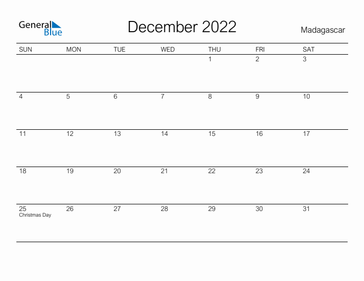 Printable December 2022 Calendar for Madagascar