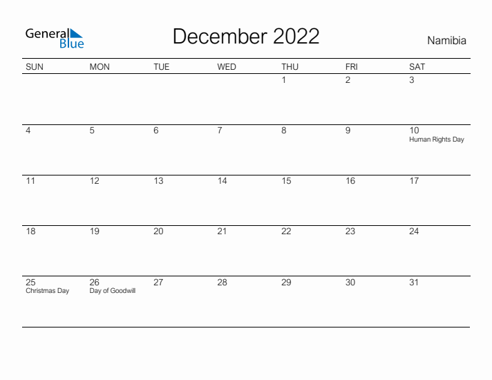 Printable December 2022 Calendar for Namibia