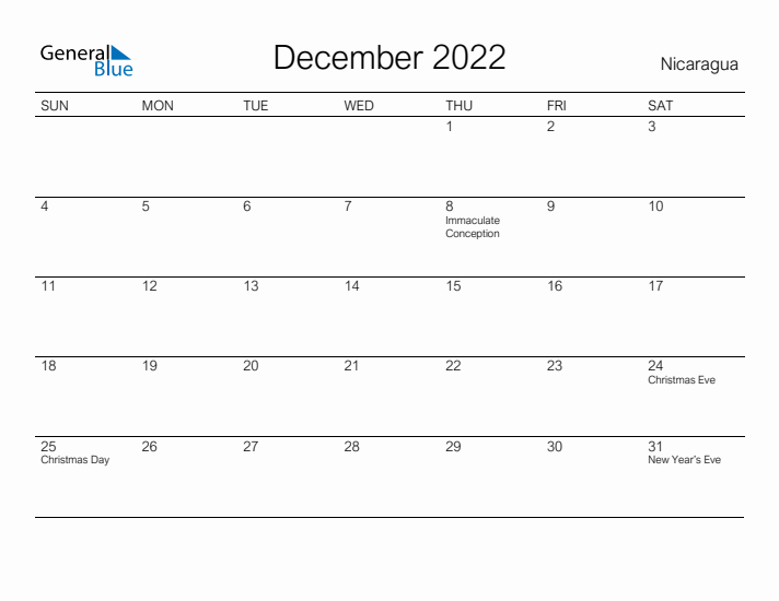 Printable December 2022 Calendar for Nicaragua