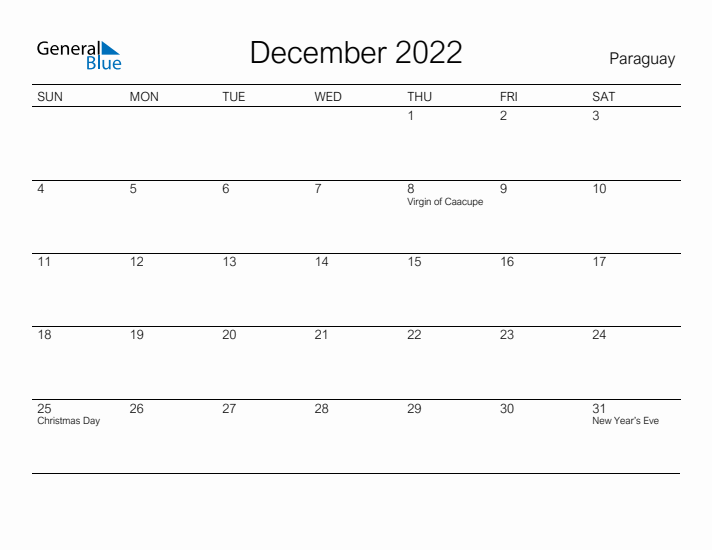 Printable December 2022 Calendar for Paraguay