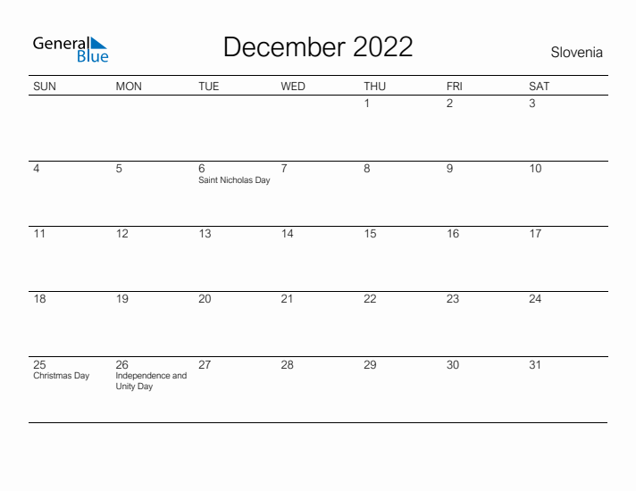 Printable December 2022 Calendar for Slovenia