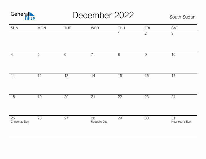 Printable December 2022 Calendar for South Sudan