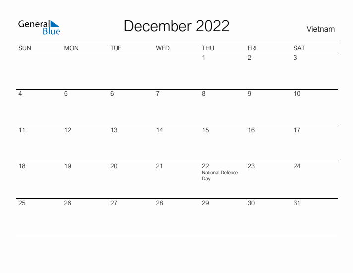 Printable December 2022 Calendar for Vietnam