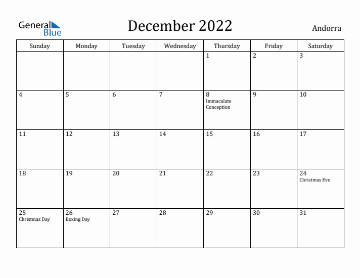 December 2022 Calendar Andorra