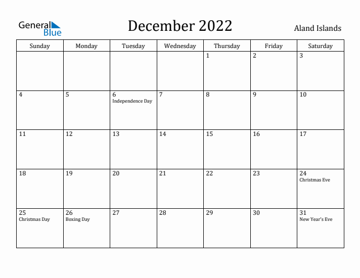 December 2022 Calendar Aland Islands