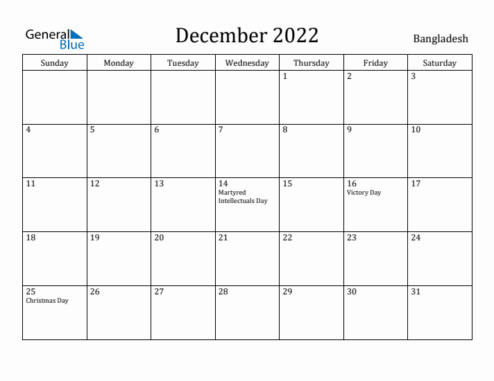 December 2022 Calendar Bangladesh