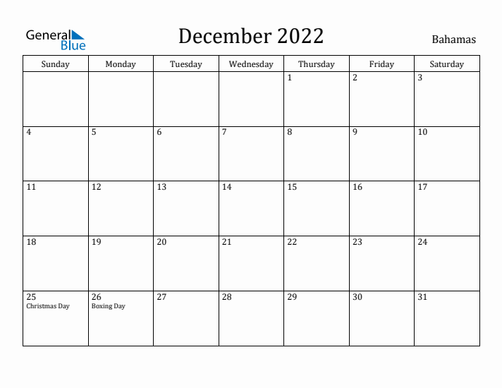 December 2022 Calendar Bahamas