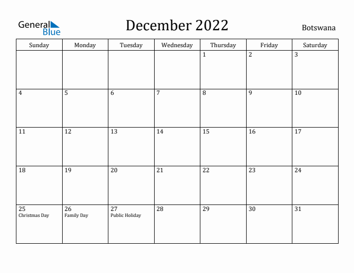 December 2022 Calendar Botswana