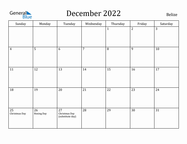 December 2022 Calendar Belize