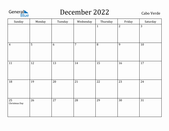 December 2022 Calendar Cabo Verde