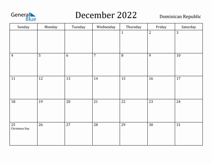 December 2022 Calendar Dominican Republic