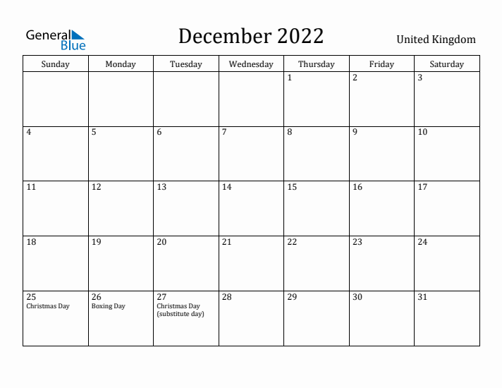 December 2022 Calendar United Kingdom