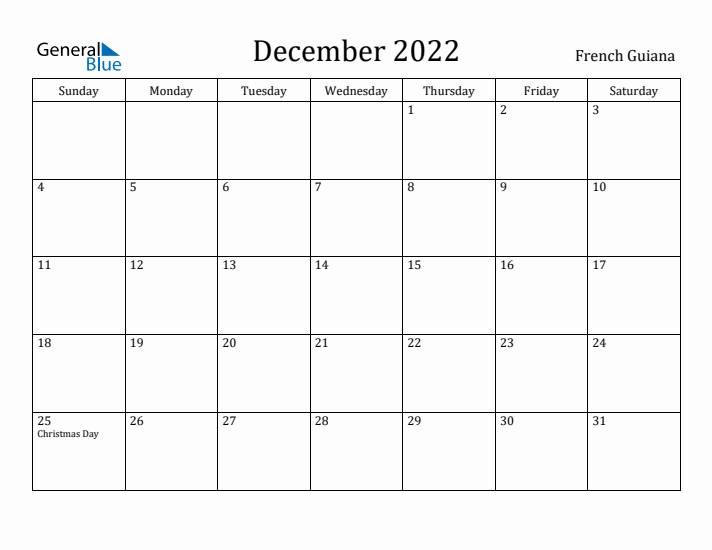 December 2022 Calendar French Guiana