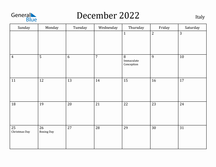 December 2022 Calendar Italy