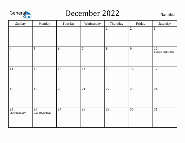 December 2022 Calendar Namibia