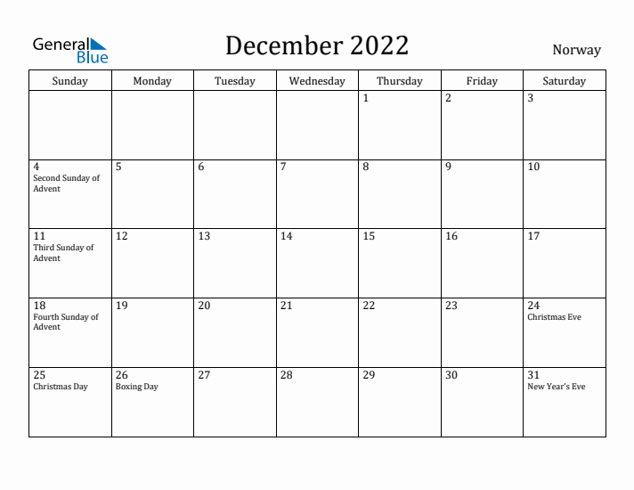 December 2022 Calendar Norway