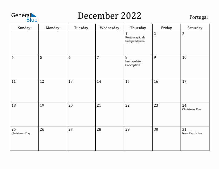 December 2022 Calendar Portugal